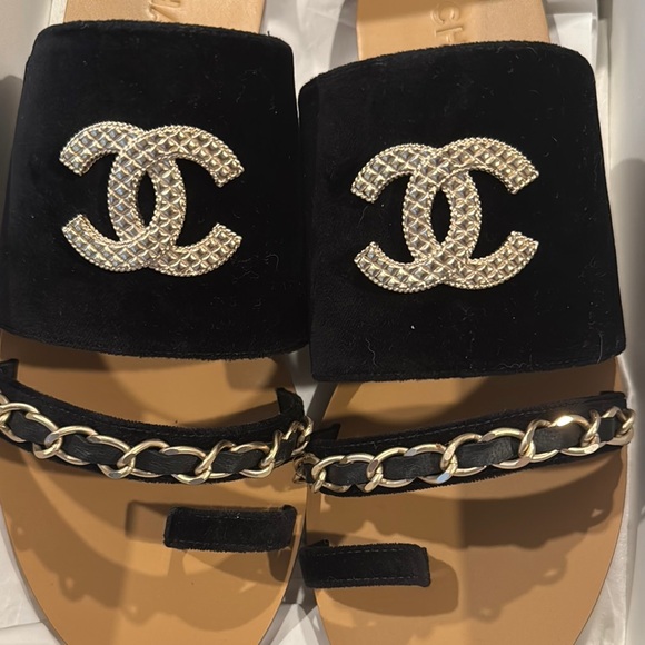 Chanel Chain AUTHENTIC Mule Black Tan Women's Sandals Italy NEW Size 42 US 11 ❤️ - Picture 11 of 15